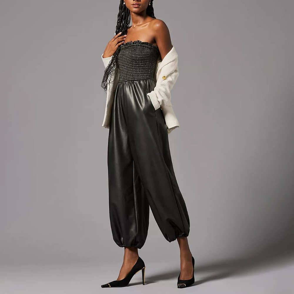 By Anthropologie Faux Leather Balloon Jumpsuit